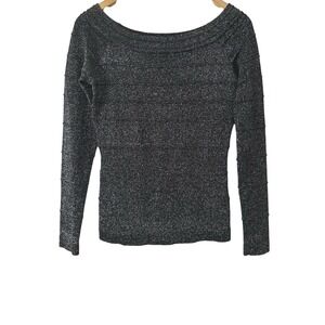 Vintage Cache Knit Top Womens Small Black Silver Metallic Shimmer Bodycon Club